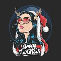 mujer con gafas de sol y sombrero de santa claus vector