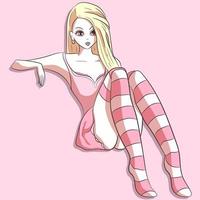 Kawaii girl wearing a pastel pink dress and striped socks vector