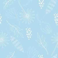 Hand drawn leaves line art pattern on light blue vector