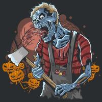 Halloween zombie carrying an ax with pumpkins background  vector