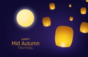 Mid autumn festival design with moon and burning lanterns vector