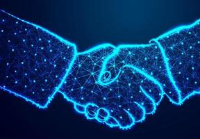 Hand shake glowing blue abstract low poly design vector
