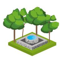 Diseño isométrico de árboles y fuentes de agua. vector