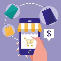 Hand and smartphone with shopping online vector