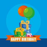Happy birthday card with gifts boxes and balloons helium vector