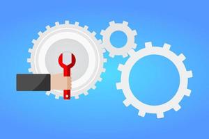 Hand holding red wrench for setting gear vector