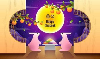 Happy Chuseok design with rabbits and moon cakes vector