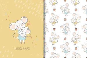 Mother and baby cute mouses characters and pattern vector