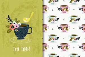 Tea cup with bird and flowers drawing and pattern vector