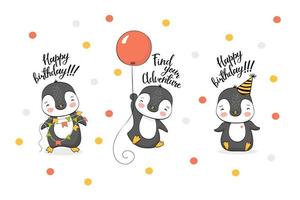 linda colección de personajes de pingüinos de dibujos animados de cumpleaños vector