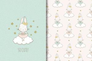 Rabbit ballerina on cloud drawing and pattern vector