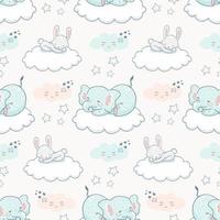 Cartoon cute animal seamless background pattern. Elephant and rabbit sleeping on the cloud among stars and clouds in the night sky.  vector