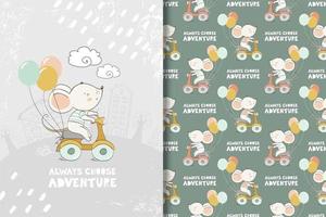 Baby mouse on scooter with balloons drawing and pattern vector