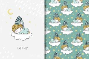 Boy in pajamas sleeping on cloud drawing and pattern vector