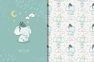 Baby elephant time to sleep drawing and pattern vector