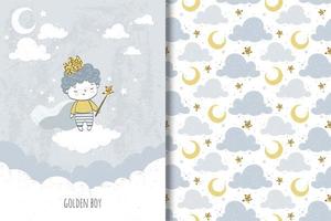 pequeño príncipe dorado y patrón de nubes y luna vector