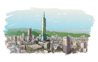 boceto a color del paisaje urbano de taiwán con rascacielos