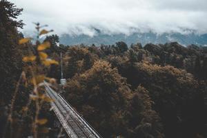 Train tracks near forest under cloudy sky