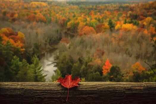 Maple leaf on a wooden rail in front of a forest photo