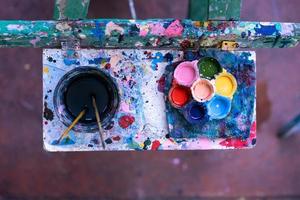 Top view of a paint palette and brushes