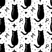 Black cat sitting, magic symbol Halloween seamless pattern vector