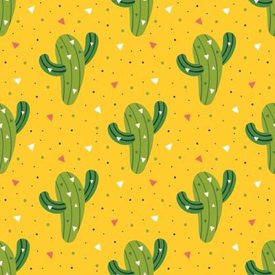 Little cute green cactus on yellow seamless pattern