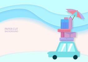 Paper cut style car with baggage in pastel colors vector