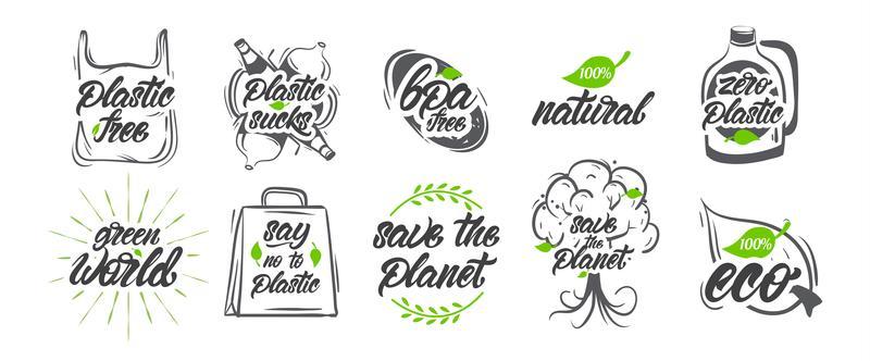 Collection of natural, no plastic, save the planet logos