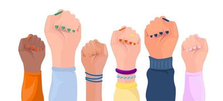 Raised women hands with different skin colors vector