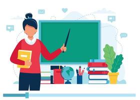 Female teacher with books and chalkboard, video lesson vector