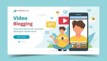 Video blogger on smartphone screen landing page template vector