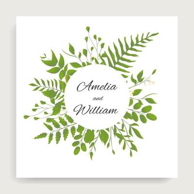 Green leaves around circle frame on square card