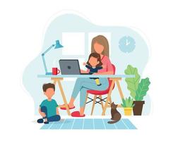 Woman working from home with kids vector