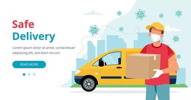 Masked delivery man with box and yellow vehicle vector
