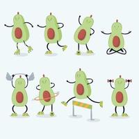 Cute avocados characters doing exercise vector