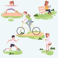 colección de personas haciendo actividades al aire libre. vector