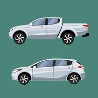 Pickup truck and hatchback in side view vector