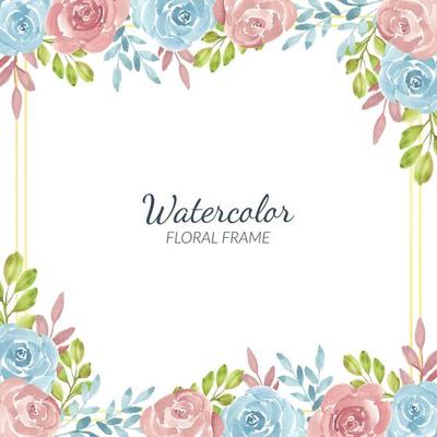 Watercolor rustic rose flower border and gold frame