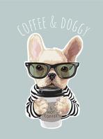 lema de café y perrito con lindo perro sosteniendo café vector