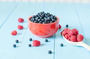 fresh blueberries in a bowl and berries on light wooden