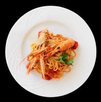 Pasta with tomato sauce and langoustines, isolated