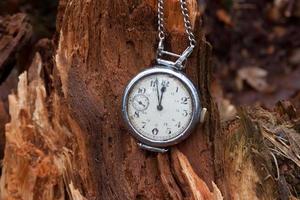 Vintage clock on wooden stump in forest photo