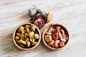 Mixed forest mushrooms in wooden bowls photo