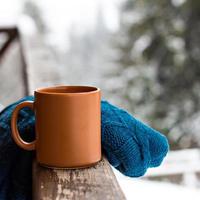 Cup with hot drink over winter forest background photo