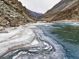 río de montaña zanskar en el invierno. himalaya, norte de la india