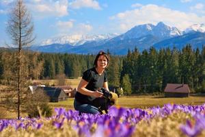Woman photographer and crocuses in spring on meadow, Poland photo