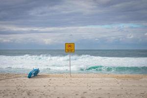 tabla de surf azul en la costa cerca de la señalización foto