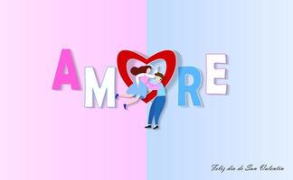 Paper art style couple in front of Amore text vector