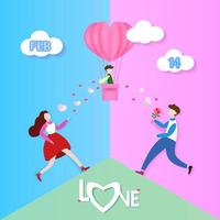 Man and woman running to child in heart balloon  vector