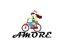 Young lovely couple riding bicycles with Amore text vector